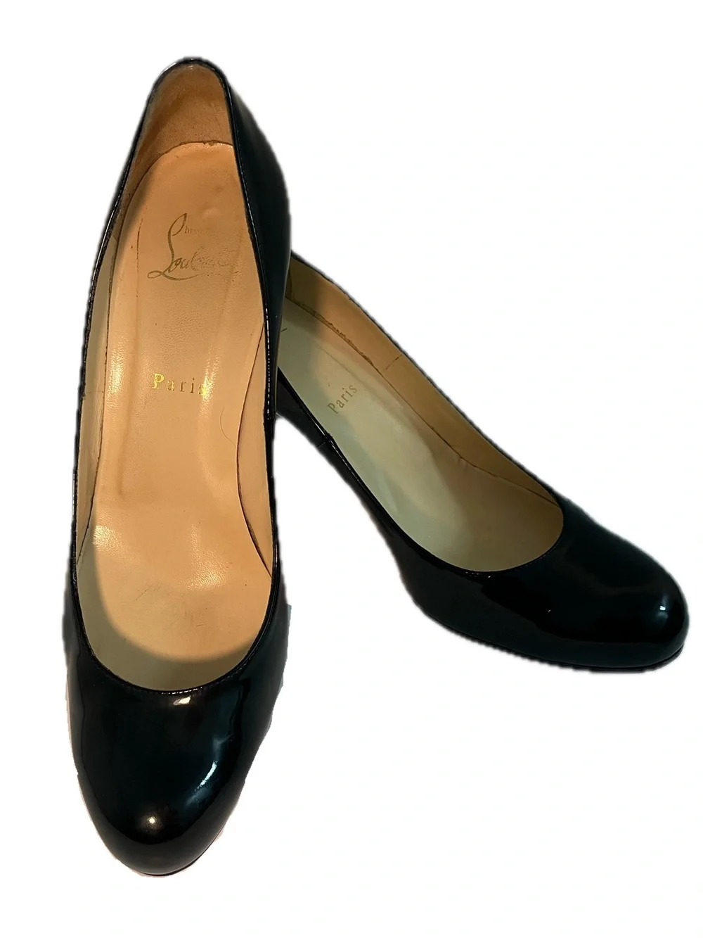 Christian Louboutin Black Patent Leather Round-Toe 3 in Pumps Heels Size 40 1/2